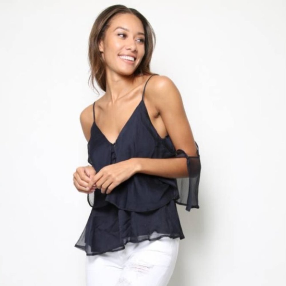 TJD Navy Cold Shoulder Babette top- S *NEW w/ TAGS